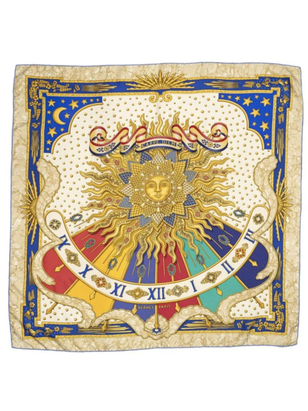 Hermes Scarf Beige Blue Gold Silk